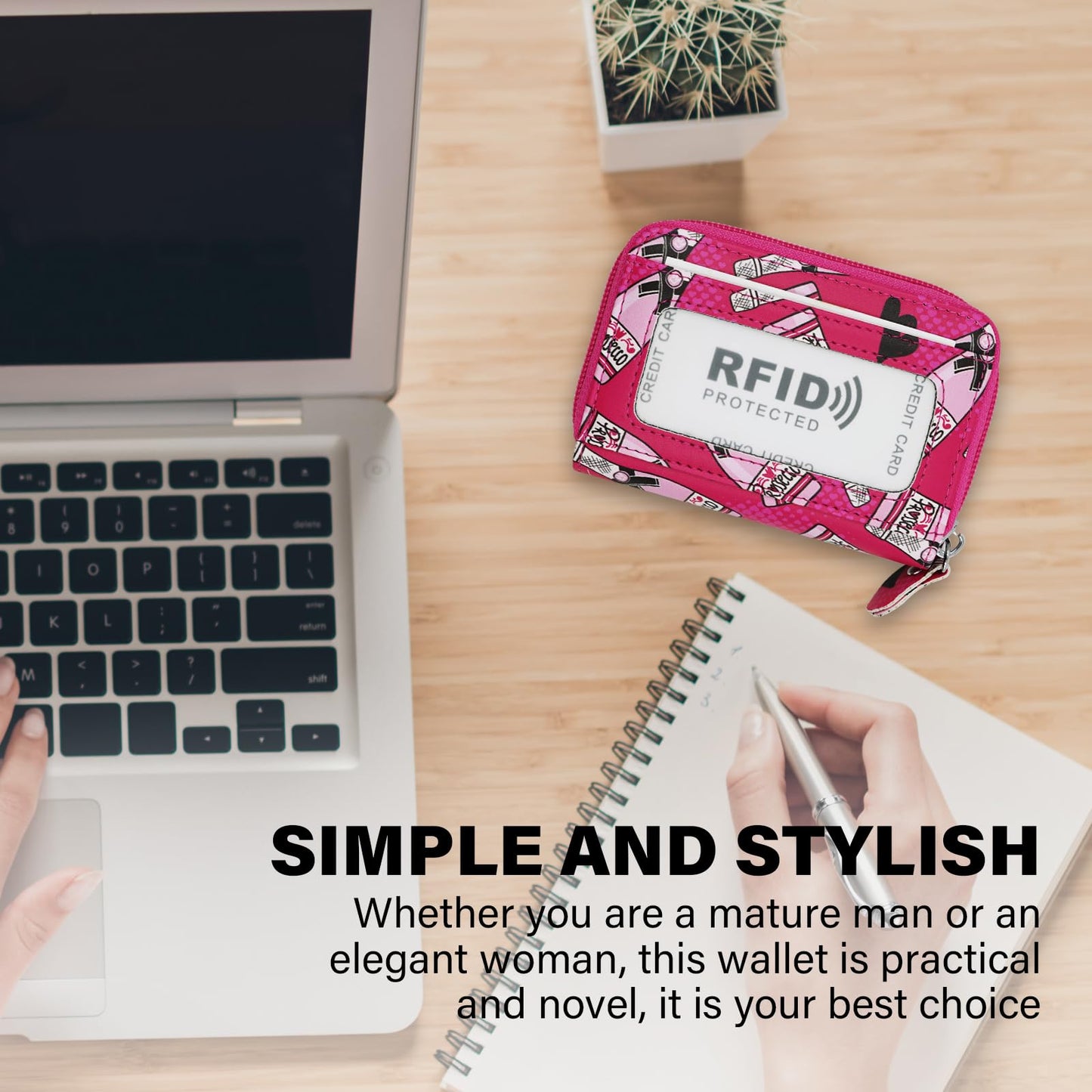 ZHOMA RFID Blocking Genuine Leather Credit Card Case Holder Security Travel Wallet With Removable Keychain ID Window for Men Women -Pink Bottles