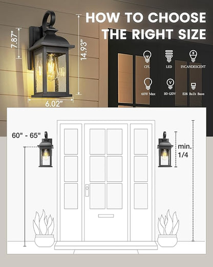 FEMILA Dusk to Dawn Outdoor Wall Sconce, 15" Matte Black Seeded Glass Outdoor Sconce Lights, Front Porch Light Fixtures Wall Mount, Garage Lights for Patio, Entryway, Garden, 4FD54B-PC BK