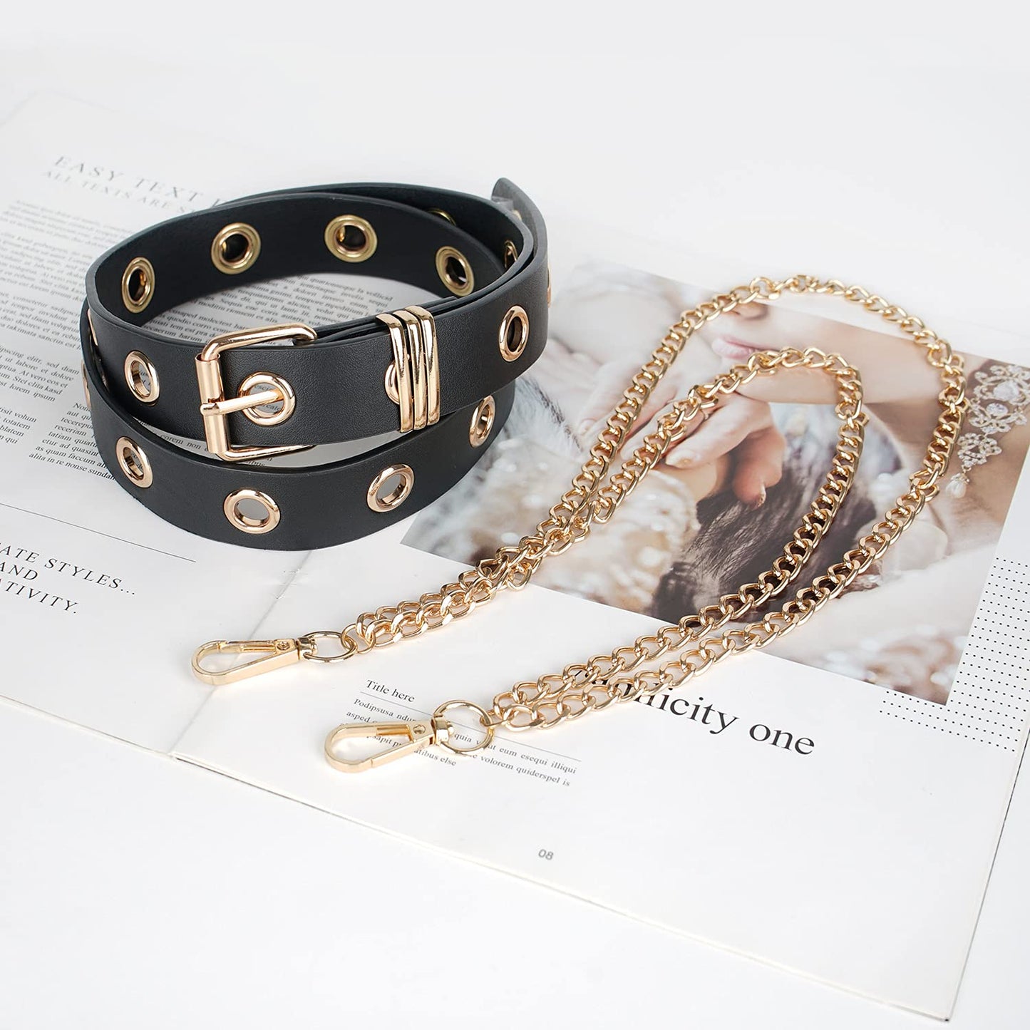 FIORETTO Grommet Leather Belt with Detachable Chain Women Men Punk Rock Waist Belts for Jeans Pants Single Holes (With Gold Chain)
