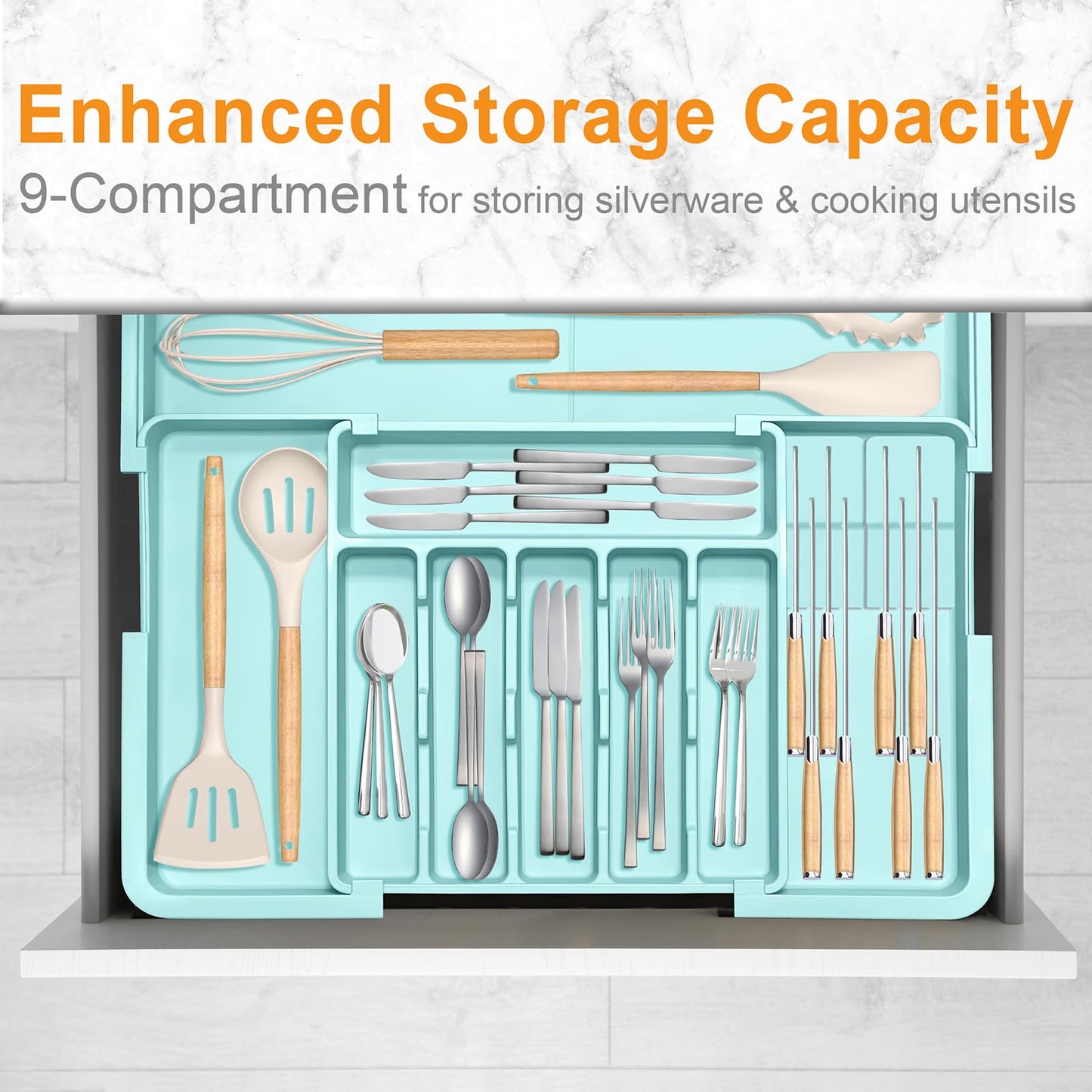 Homecor Silverware Organizer - Expandable Large Kitchen Drawer Organizer Utensil Organizer with 2 Removable Knife Blocks, 22"x 19"Cutlery Tray Drawer Dividers for Kitchen Flatware(6-9 Slots) (Black)
