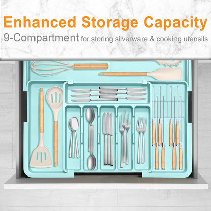 Homecor Silverware Organizer - Expandable Large Kitchen Drawer Organizer Utensil Organizer with 2 Removable Knife Blocks, 22"x 19"Cutlery Tray Drawer Dividers for Kitchen Flatware(6-9 Slots) (Black)