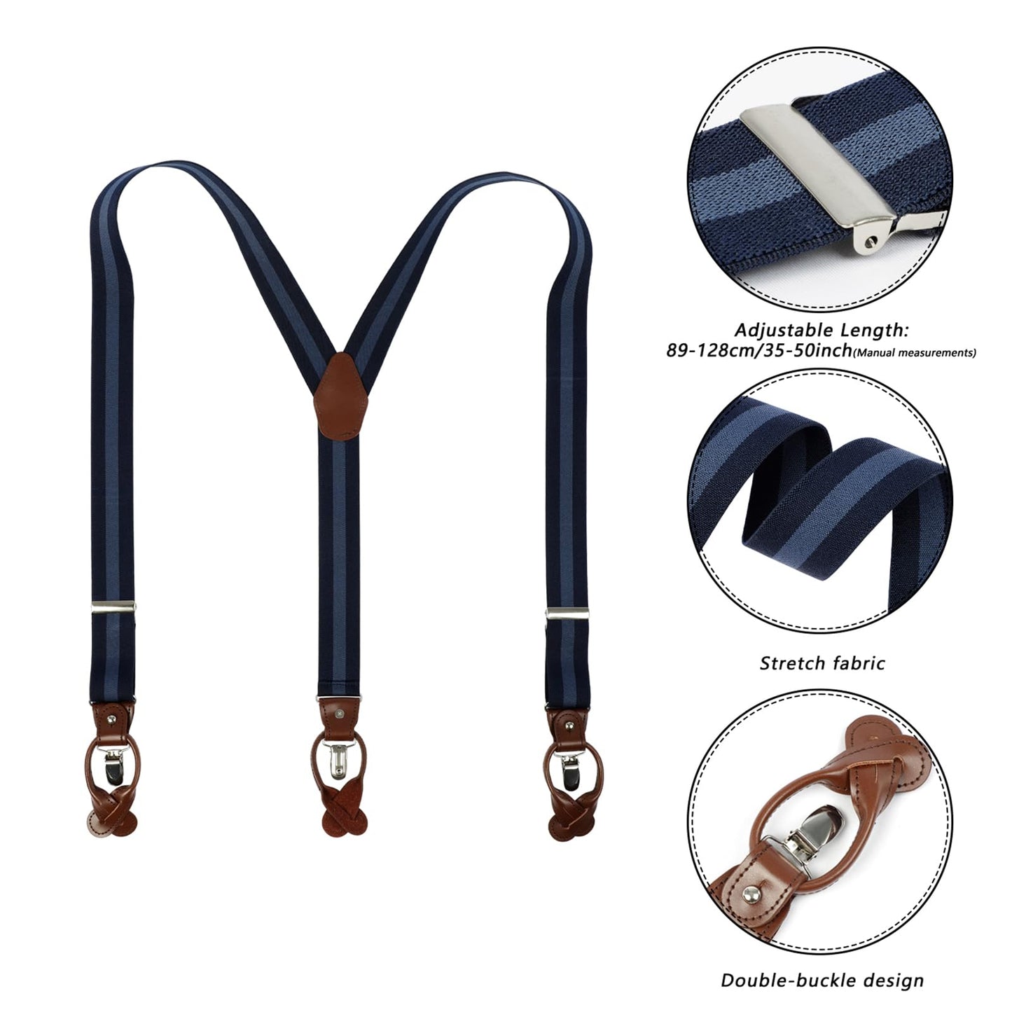 LEHOMU Men Suspenders Adjustable,1.4 Inch Wide Heavy Duty Y-Back Elastic Tuxedo Elastic Mens Suspenders with Leather Buttons and 3 Metal Clips,Black and Blue Stripe