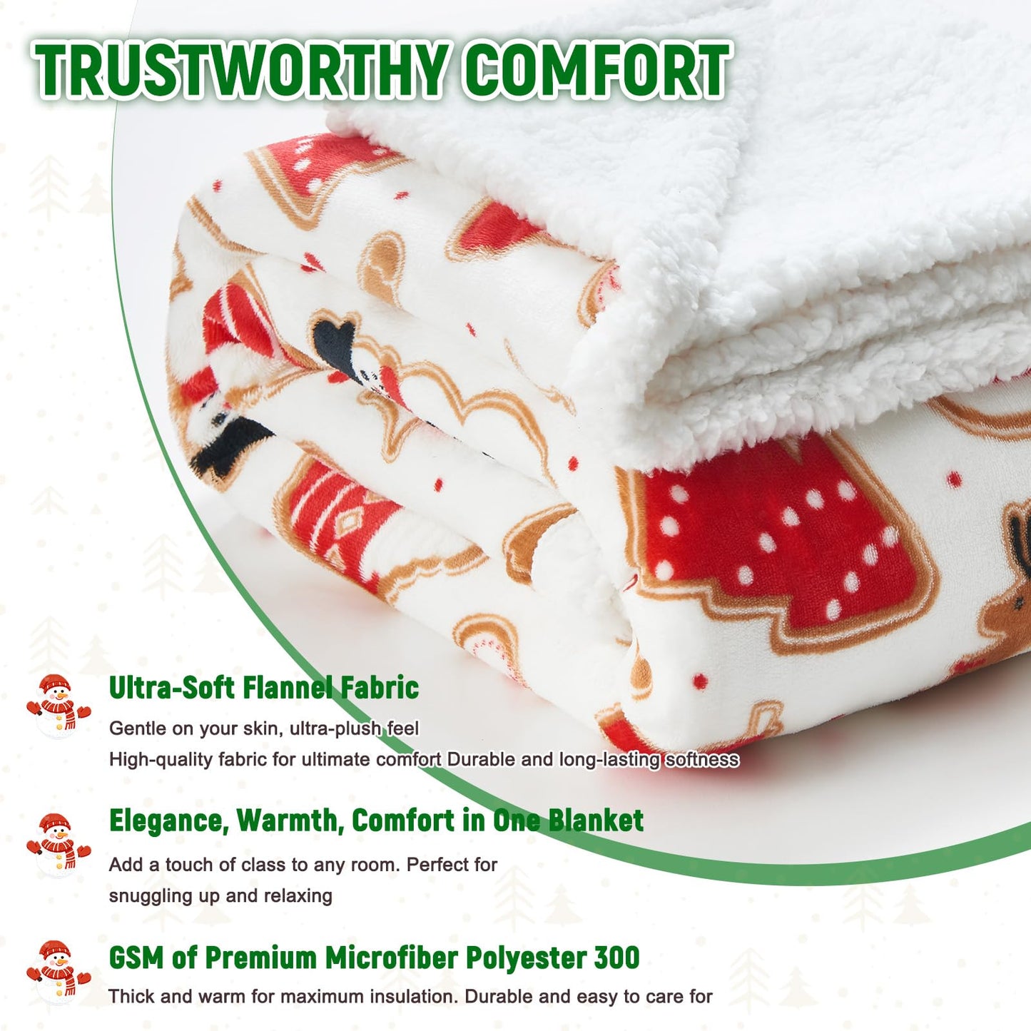 NORD ECO Christmas Throw Blanket, Christmas Decorations Gifts for Women, Sherpa Flannel Fleece Winter Holiday Blanket, Fluffy Cozy Soft Christams Throws for Couch Sofa Bed, Gingerbread, 50" X 60"