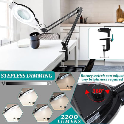 10X Magnifying Glass with Light and Stand, NUEYiO 2200 Lumens Stepless Dimmable LED Magnifying Lamp, 4.2" Real Glass Lens, Adjustable Swing Arm Lighted Magnifier Lamp for Repair, Crafts, Workbench