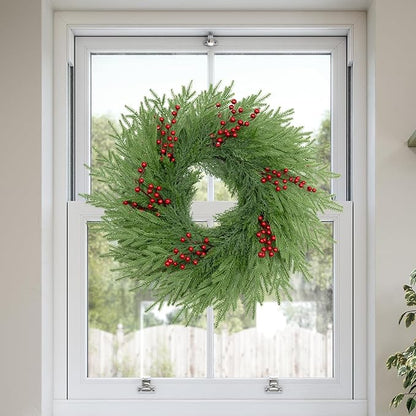 26 Inch Pine Wreath - Christmas Wreaths for Front Door - Real Touch Pine Wreath - Large Artificial Green Wreaths for Walls Windows Porches Farmhouse Indoor Outdoor Home Decor with Red Berries