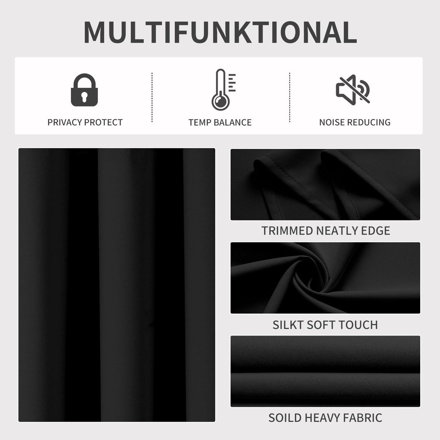 Joydeco Blackout Curtains 84 Inch Length 2 Panels Set, Thermal Insulated Long Curtains& Drapes 2 Burg, Room Darkening Grommet Drapes for Bedroom Living Room Window (Black, W52 x L84 Inch)