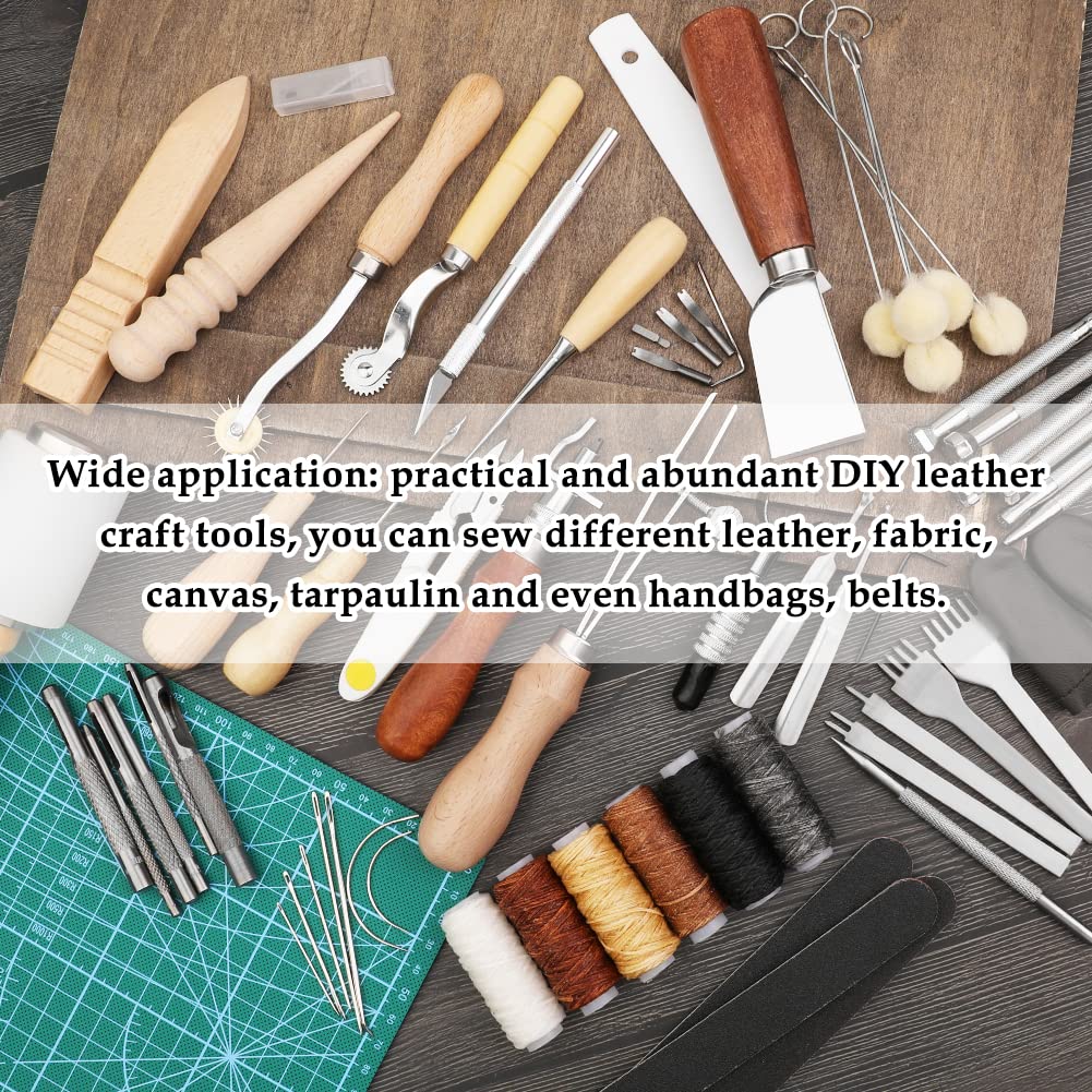 Leather Craft Tools, 60 Pieces Leather Working Tools and Supplies with Storage Bag Cutting Mat Prong Punch Groover Edge Creaser Stamping Carving Knife Awl Hammer for Craft Making DIY Sewing
