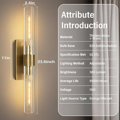 Wall Sconces, 22.8" Gold Bathroom Sconces Wall Lighting with Clear Glass, Modern Sconces Wall Decor Brass Light Fixtures for Bathroom Mirror Living Room Hallway Bedroom