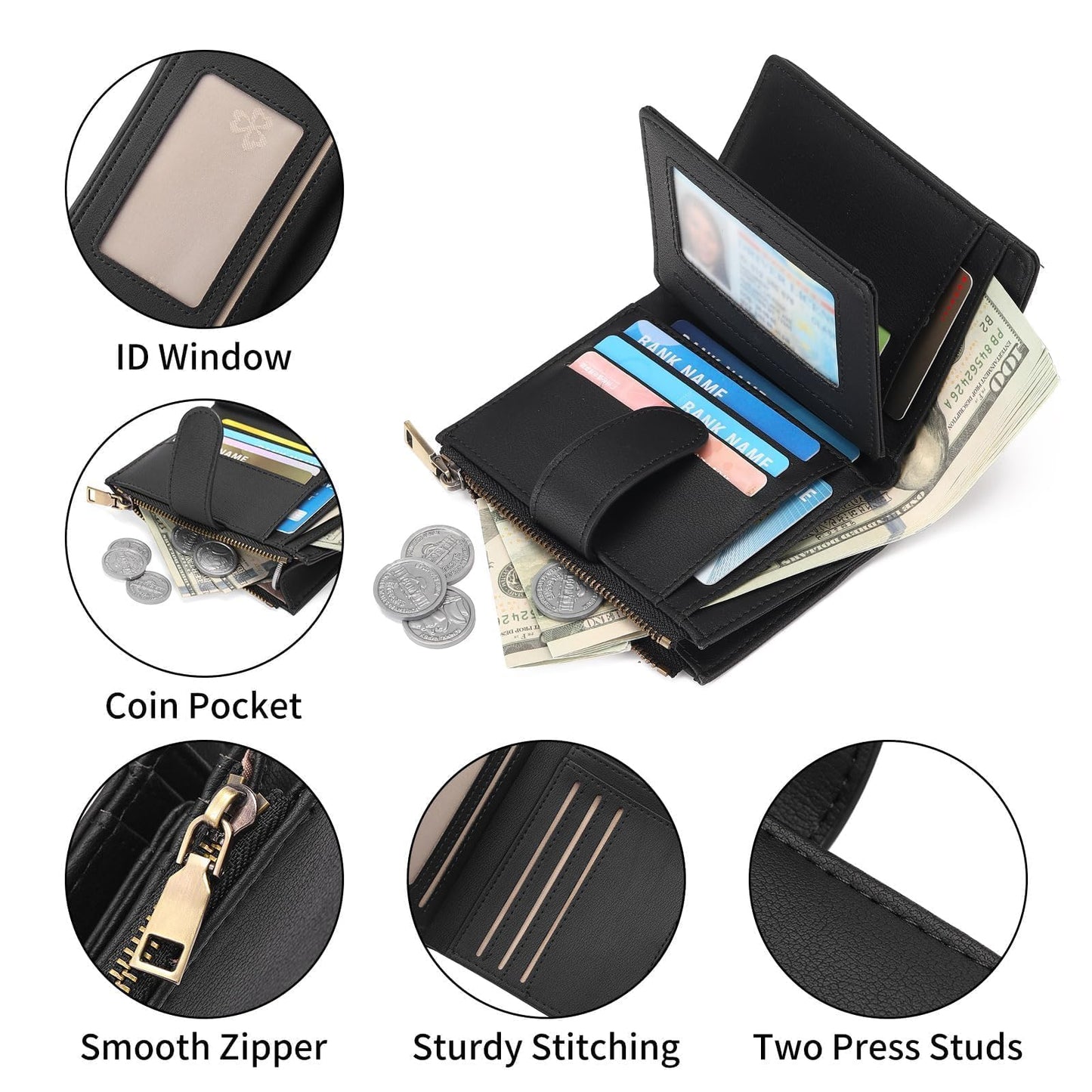GAEKEAO Small Wallet Women Vegan Leather RFID Blocking Bifold Ladies Compact Card Holder with Zipper Pocket & ID Window