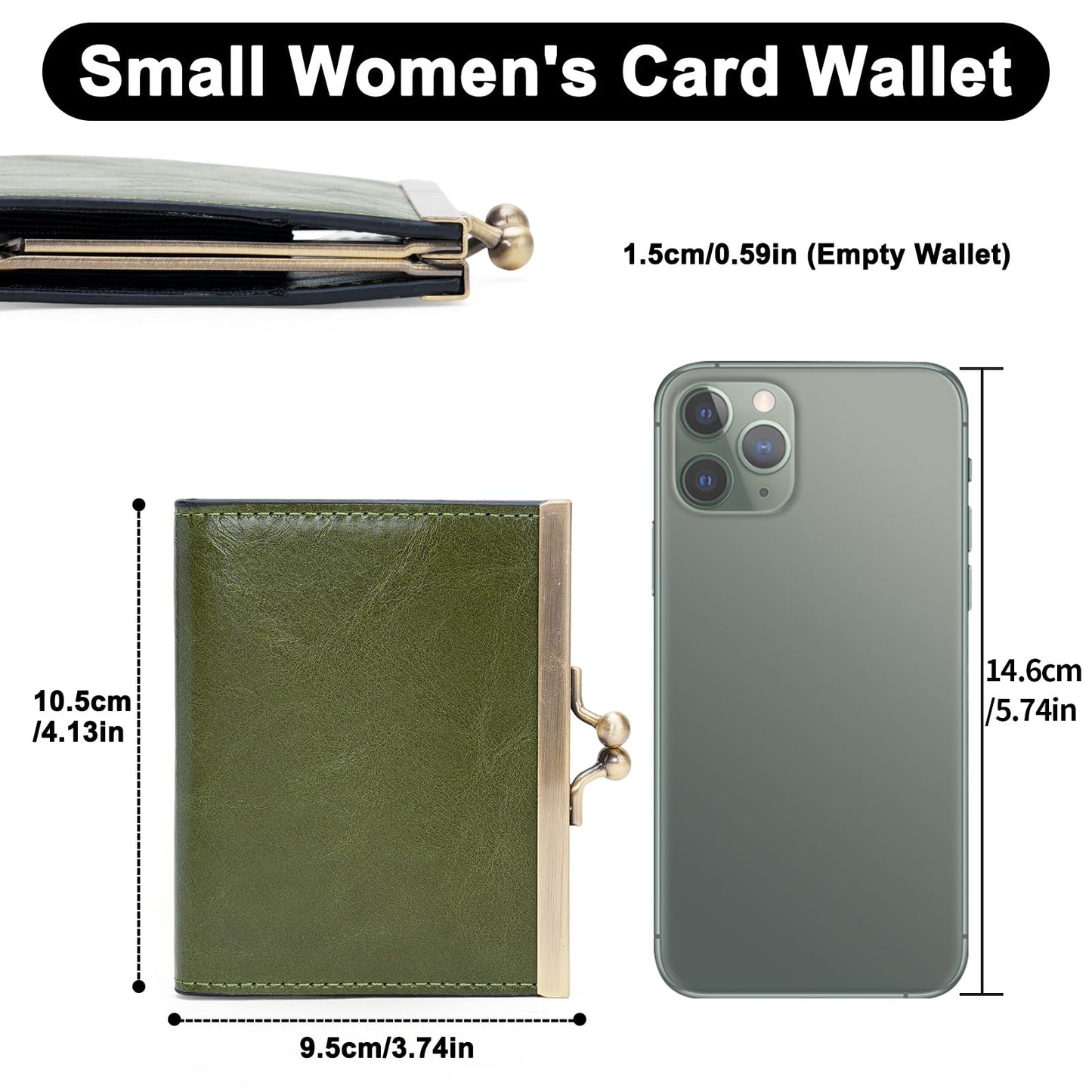 GOIACII Credit Card Holder Vintage Wallet for Women Genuine Leather Ladies Card Cases with Kiss Lock Small Green