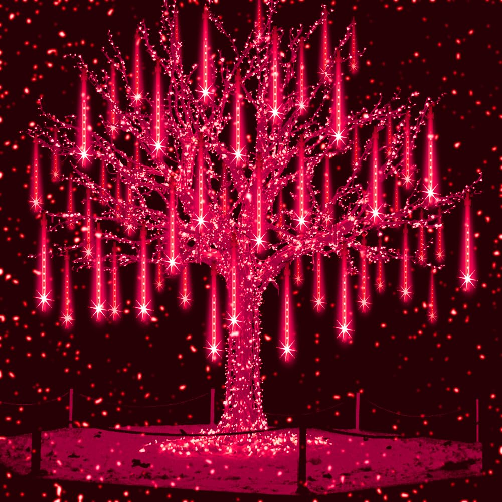 Aukora Red Led Halloween Lights Outdoor, Christmas Lights Outside, 8 Tube Snow Falling Rain Icicle String Light for Xmas Tree Party Thanksgiving Day Garden Camp Wedding Decorations, UL Plug
