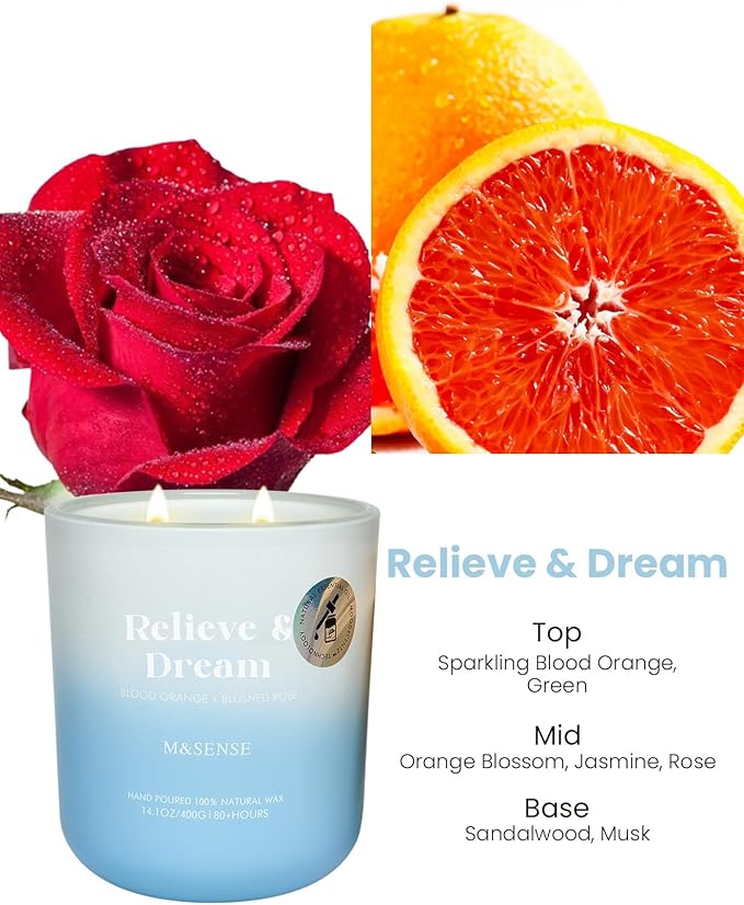 M&SENSE Blood Orange & Blushed Rose Aromatherapy Candle for Stress Relief & Relaxation, 14.1oz 80-Hour Long-Lasting Non Toxic Highly Scented Candle, Natural Soy Wax Spiritual Healing Gift