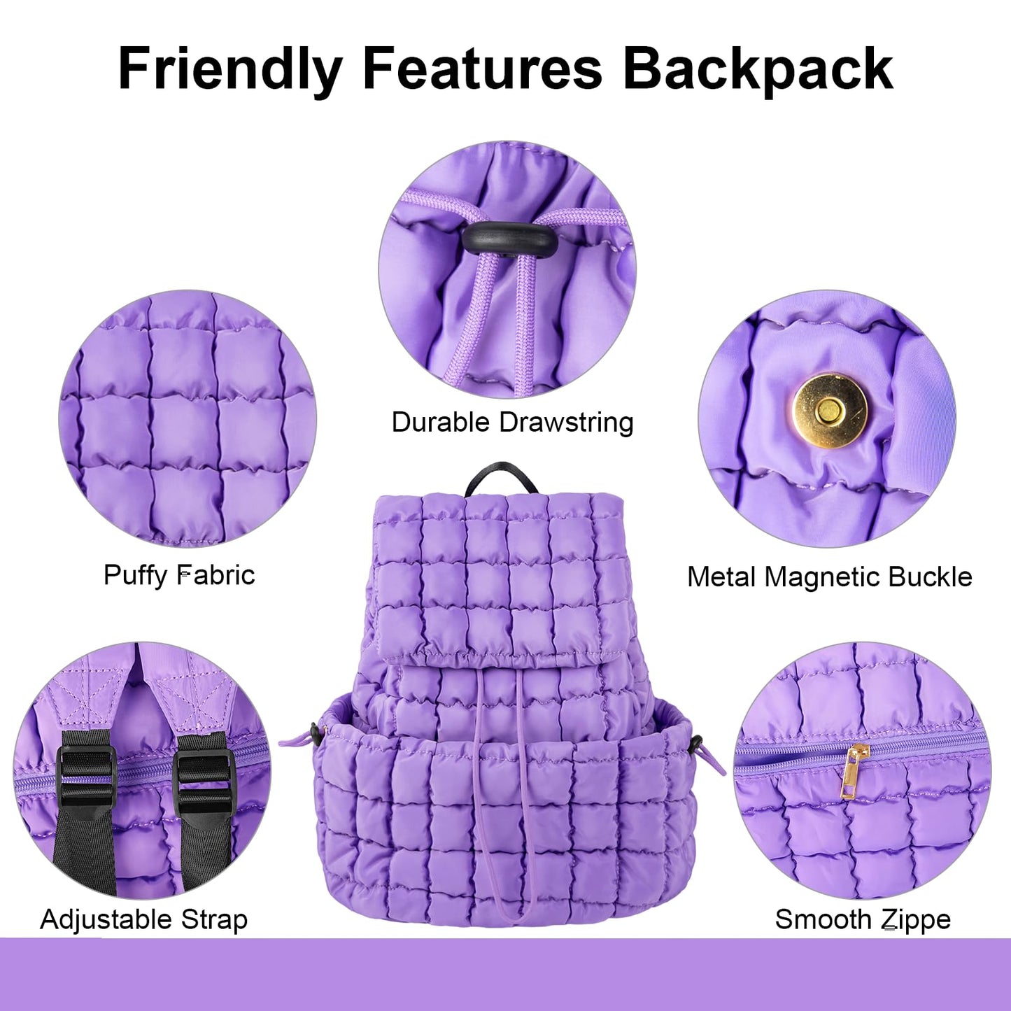 XSUIOY Quilted Backpack Purse for Women Small Lightweight Puffer Puffy College Laptop Backpack Nylon Casual Bookbag Daypack Top Flap Drawstring Padding Hiker Travel Gym Backpack(Purple)