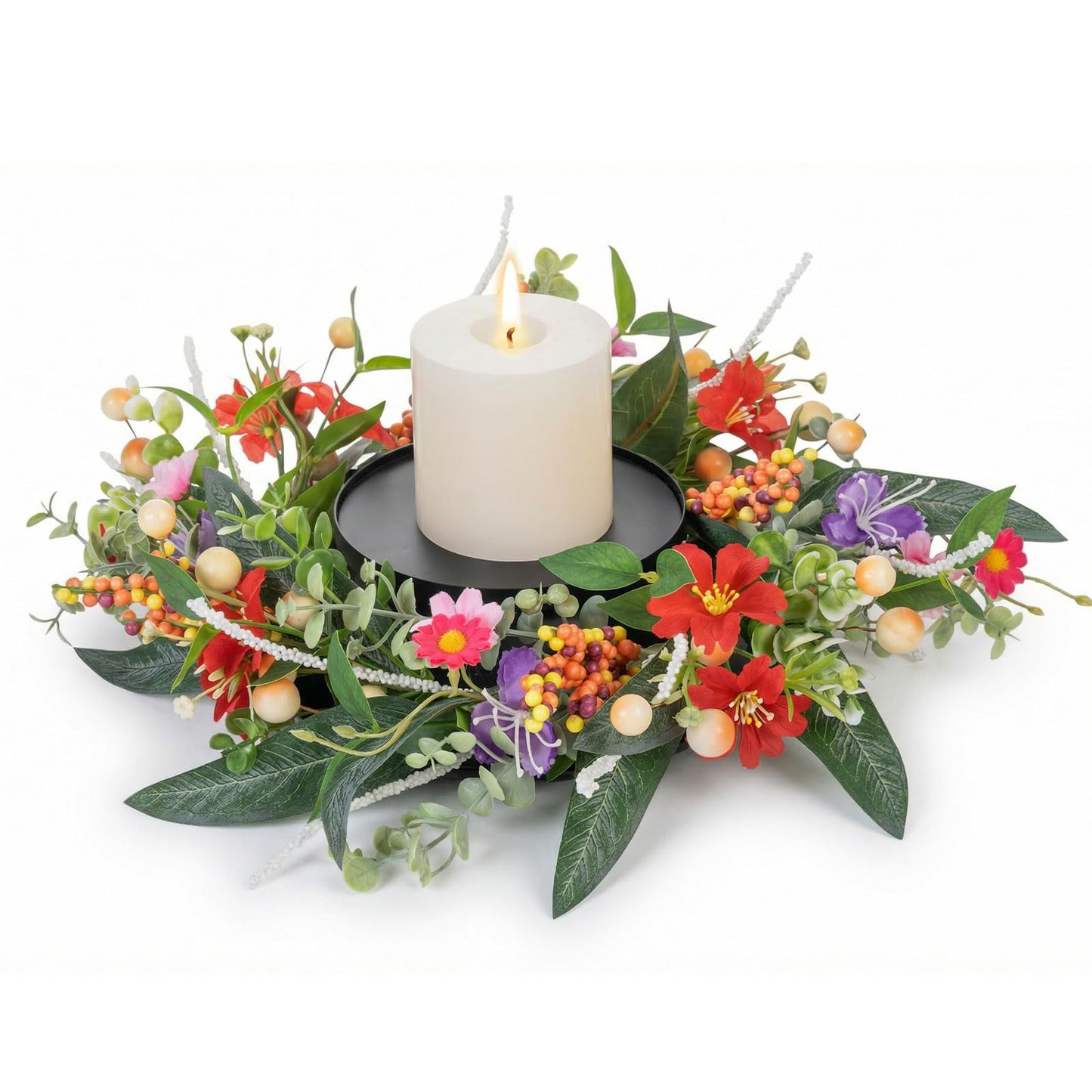MOYEE Summer Centerpieces for Tables Wreath with Candle Holder,Candle Ring, Black Metal Candlestick with an Artificial Wreaths 14 in Versatile Dining Table Centrepiece (Red Flower Green Leaf Wreath)