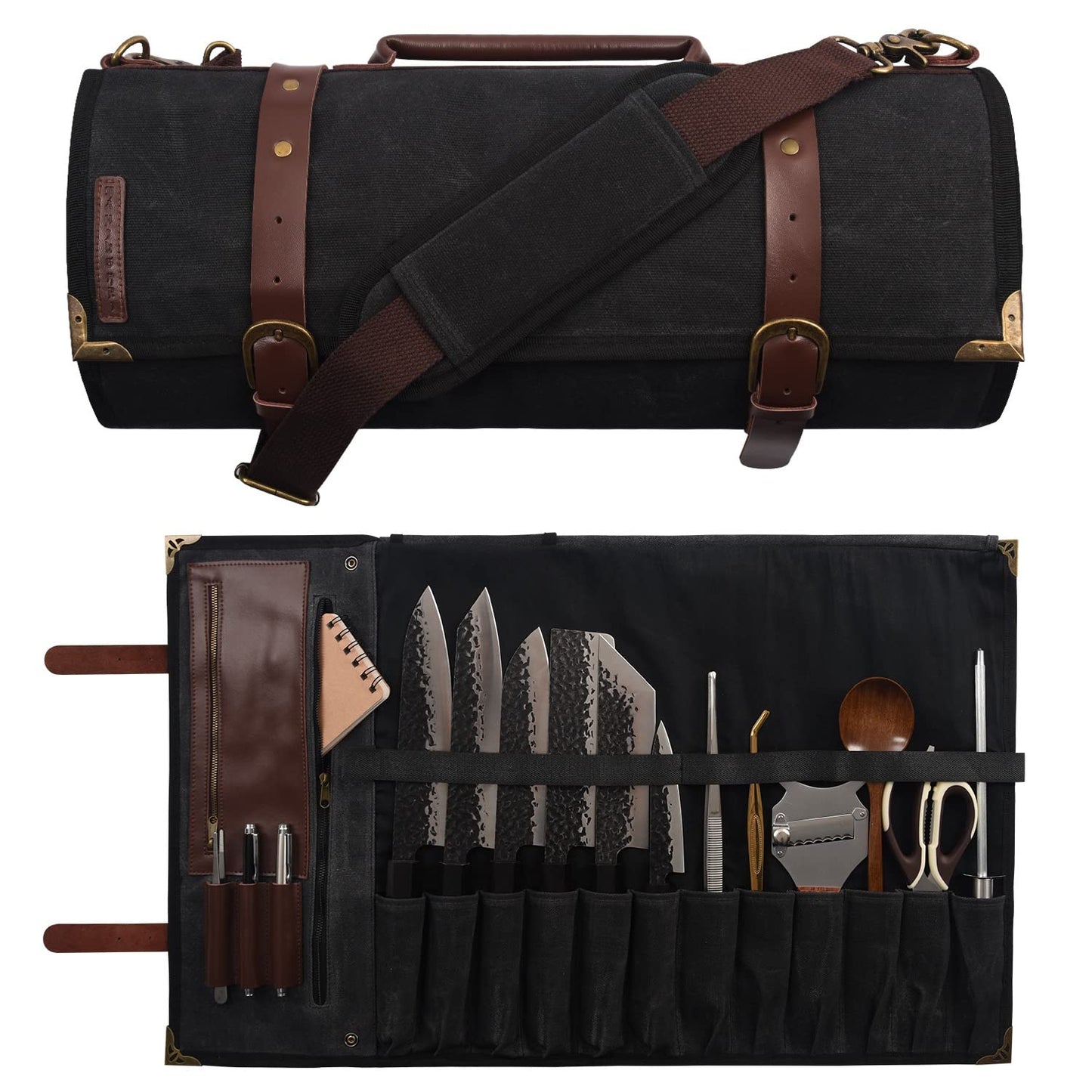 Manjushri Elegant and Light 12 Slots Professional Waxed Canvas & Genuine Leather Chef Knife Roll Bag Case with 4 Zipper Pouch Knife Organiser (Walnut Brown)