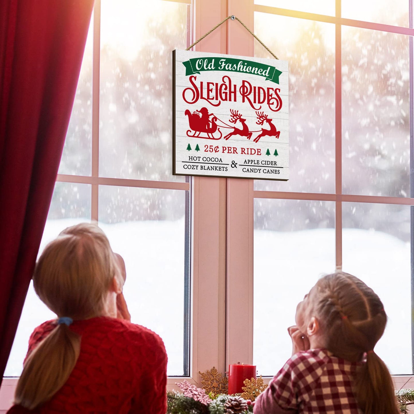 Pinkunn 4 Pieces Christmas Hanging Wooden Sign Christmas Wall Decorations Farm Fresh Hot Cocoa Candy Canes Sleigh Rides Deer Truck Decor Xmas Farmhouse Hanging Plaque for Home Porch Holiday