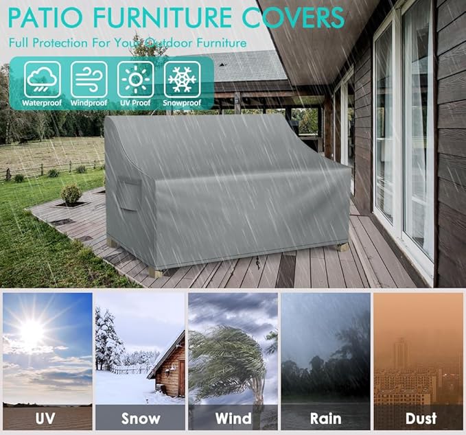 WLEAFJ Patio Sofa Cover Waterproof, Outdoor Loveseat Cover, Heavy Duty Deep Lounge Loveseat Cover, Large Lawn Patio Furniture Covers with Air Vent, 70’’ W x 38’’ D x 31’’ H, Grey