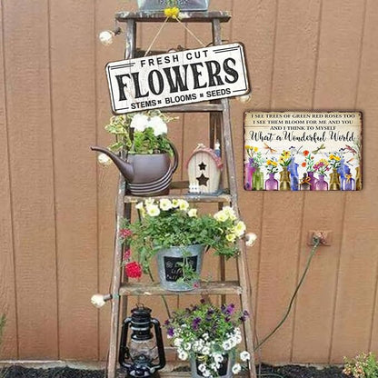 What A Wonderful World Tin Sign Metal Garden Signs For Outside Vintage Flower Market Wall Art Kitchen Metal Tin Sign Flowers I See Trees Of Green Red Roses Too Sign Flower Sign Wall Decor 8x12 Inch