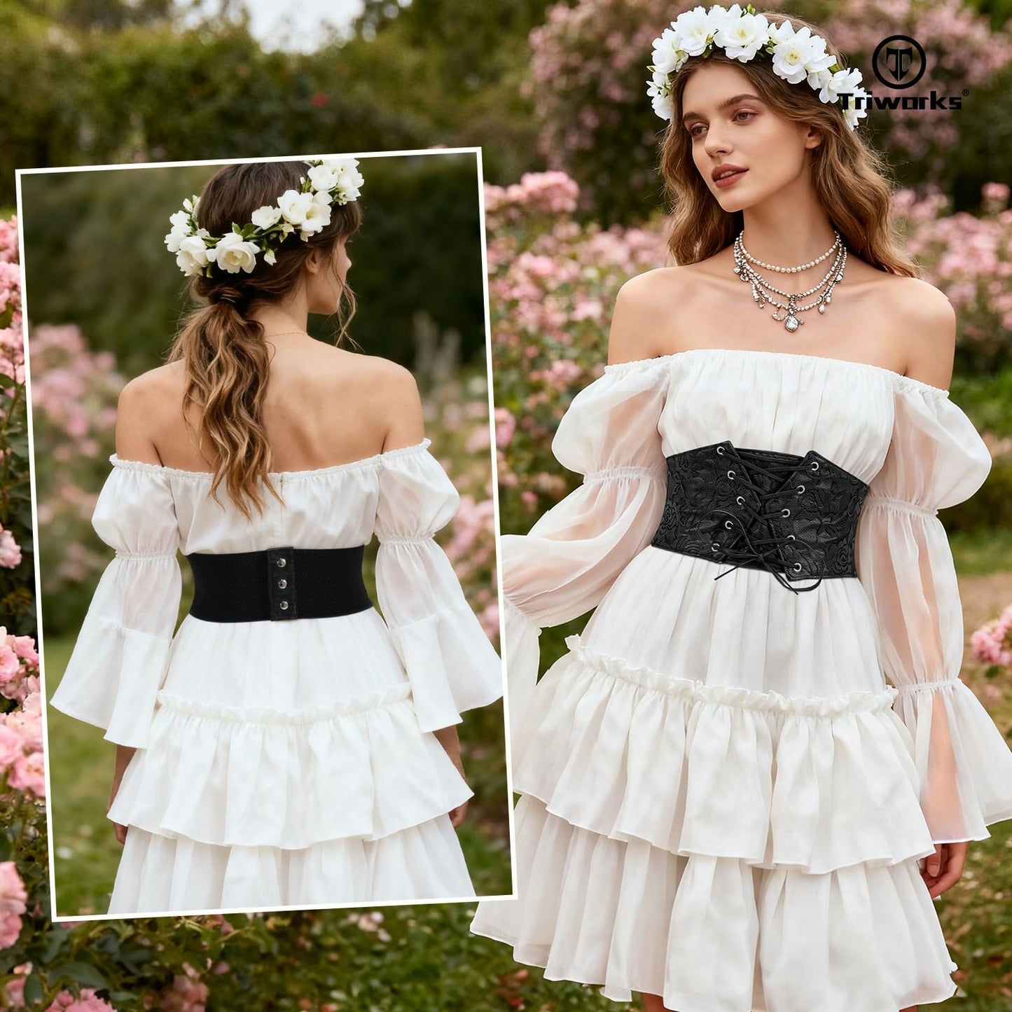 TRIWORKS Women Waist Belt Corset Lace Up Tied Waspie Elastic Wide Belt for Dresses Halloween Pirate Corset Black