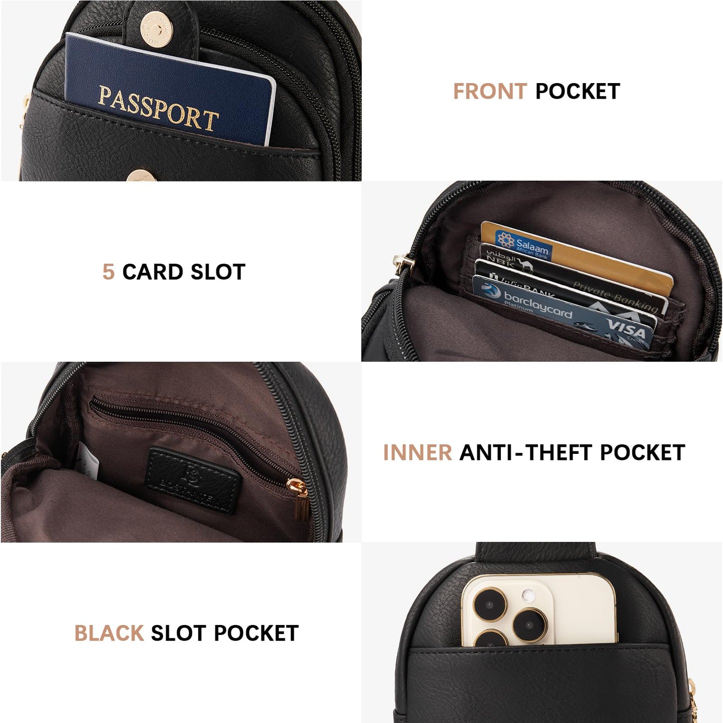 BOSTANTEN Small Sling Bag Crossbody Bags for Women Trendy Crossbody Purse Leather Chest Bag, Deep Black