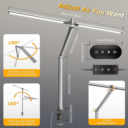 LED Desk Lamp for Home Office, Eye Caring Architect Desk Light with Remote, Dual Screen Computer Monitor Light with Stepless Dimming, Stepless Color Temp, Memory Function for Study, Workbench Grey