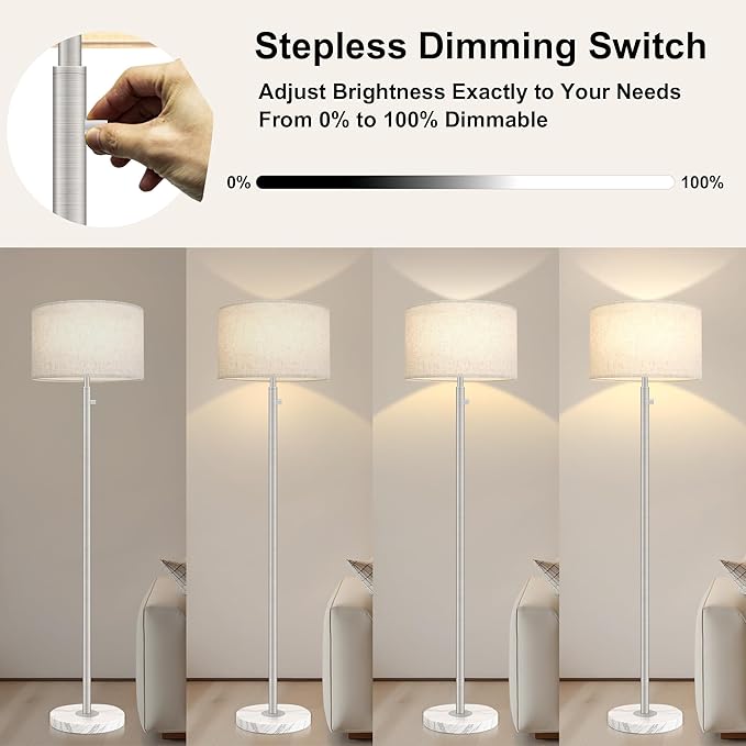 Floor Lamp for Bedroom,Dimmable Brushed Nickel Floor Lamp,Modern Standing Lamp with Marble Base,Tall Standing Lamp for Bedroom, Reading,Office & Kids' Room,LED Bulb Included