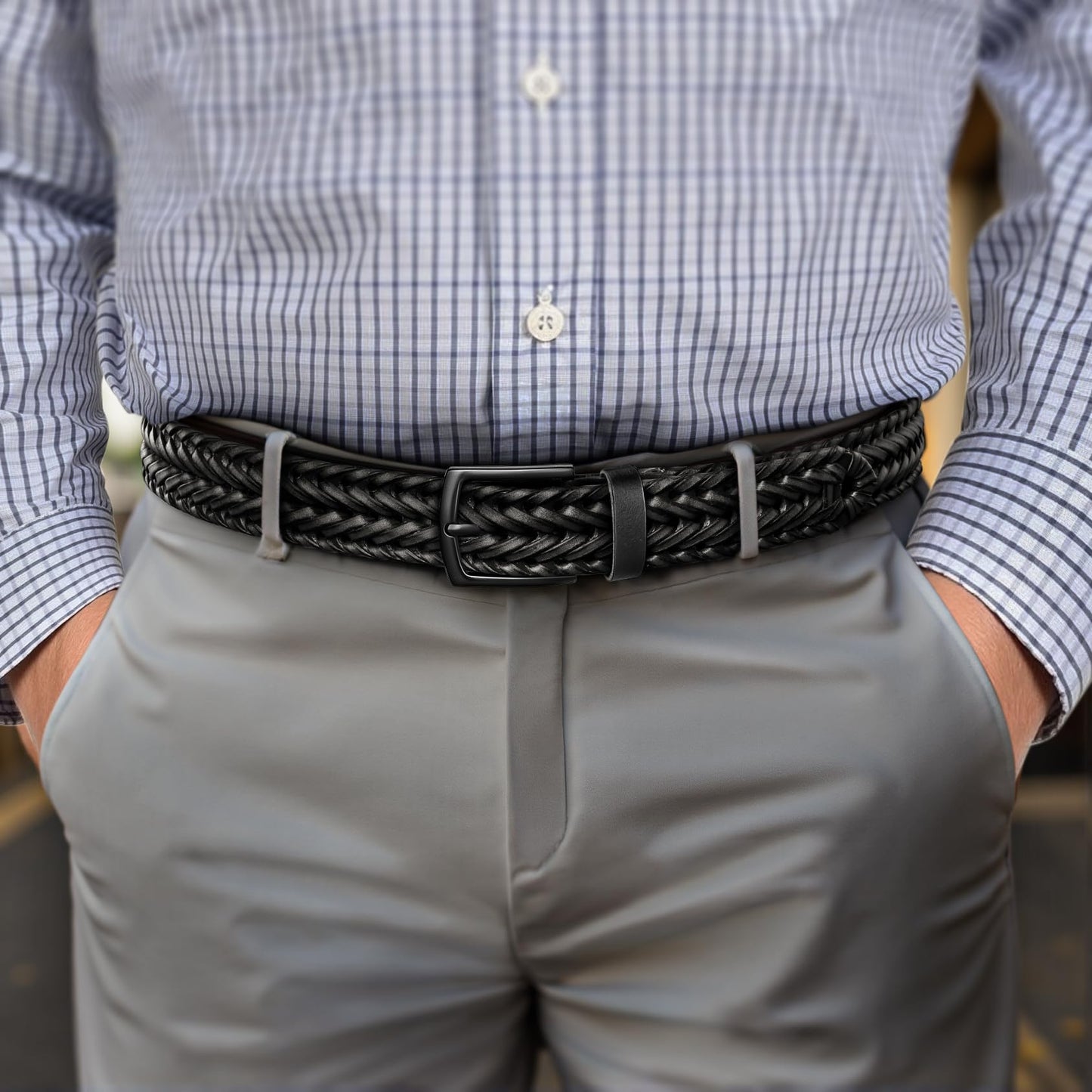 KEMISANT Men Belt, Braided Belt Comfortable For Men Casual Jean Golf 1 3/8"(Black,26"-30" Waist Adjustable)