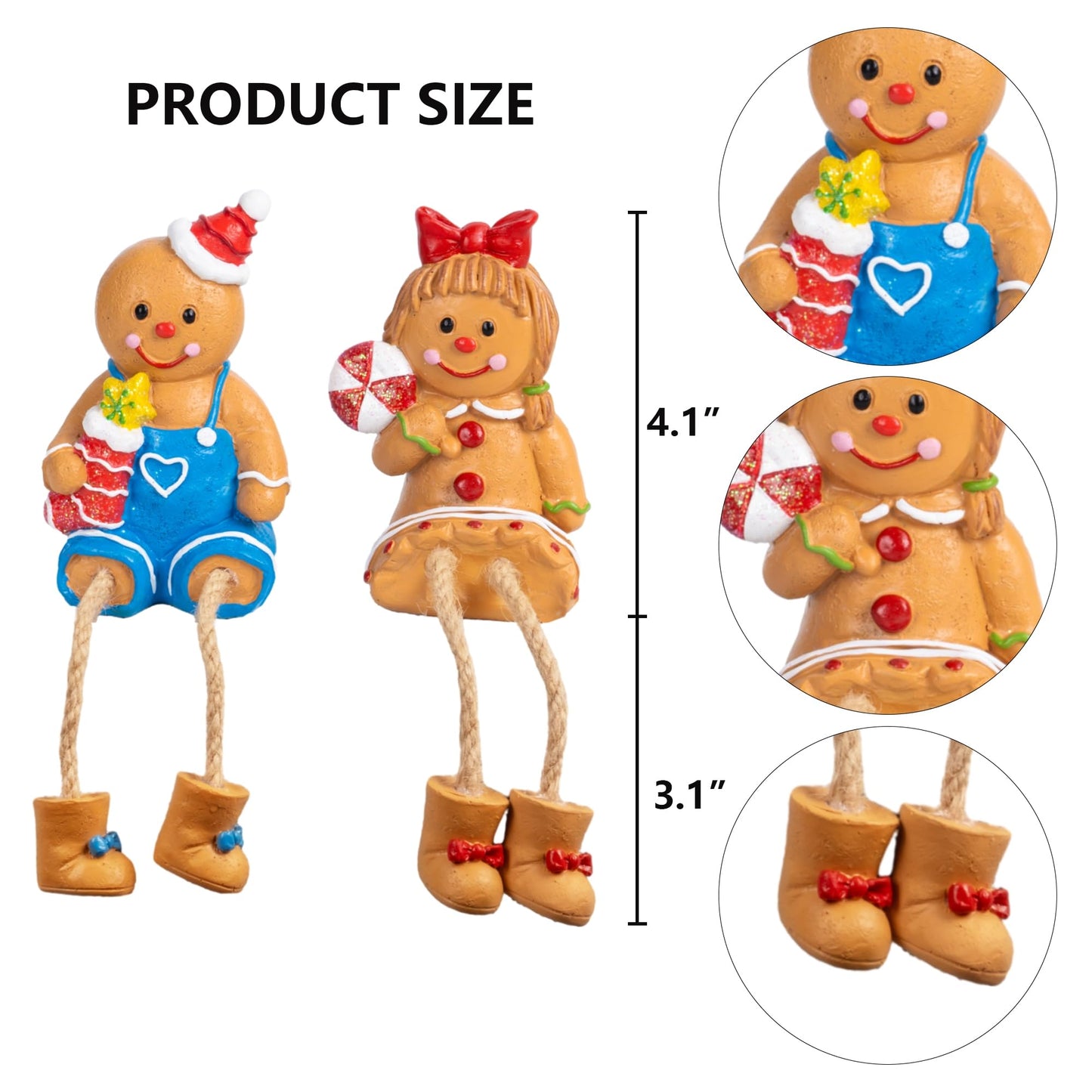 Dazzle Bright Christmas Figurines, Set of 2 Resin Gingerbread Man Sitters with Dangling Legs, Xmas Table Fireplace Shelf Sitters Decorations Sitting Figurines Ornament for Indoor Home Decor