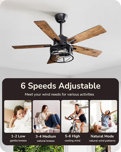 EDISHINE 42“ Farmhouse Ceiling Fans with Lights and Remote, 10%-100% Dimmable, 6 Speeds, Wood Blades, DC Reversible Motor, Timer, Noiseless, Small Rustic Ceiling Fan for Bedroom Living Room, UL Listed