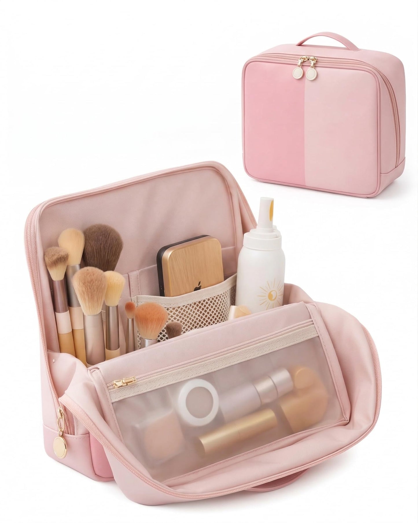 Lucatherine Large Standing Makeup Bag, Sturdy PU Leather Cosmetic Organizer with Fold-Down Phone Tray, Waterproof Travel Toiletry Case with Wipeable TPU Brush Holder, 9.5 Inch, Pink