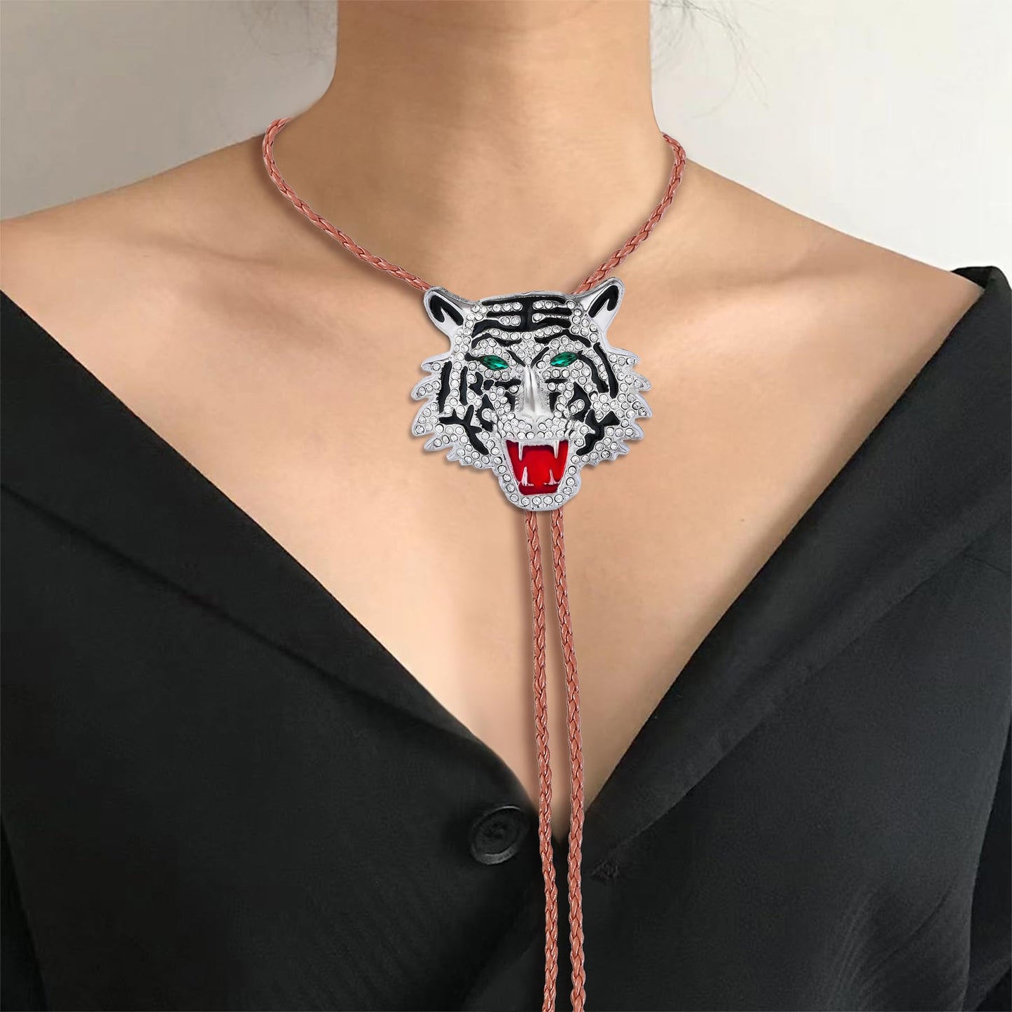 GelConnie Bolo Tie for Men - Crystal Tiger Head Bolo Tie for Men - Brown Leather Cord Western Cowboy Rhinestone Animal Bola Ties