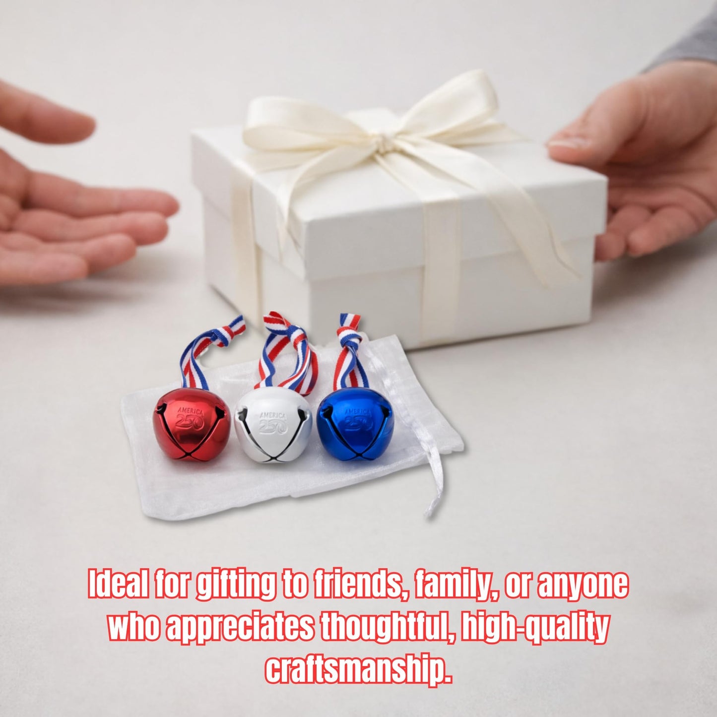 Bevin Bells Believe Sleigh Bells Ornament | America’s 250th Anniversary (3-Pack) | 1.5" Steel Jingle Bells in Red, White & Blue with Tricolor Ribbon & White Drawstring Bag | Gift Ideas | Made in USA