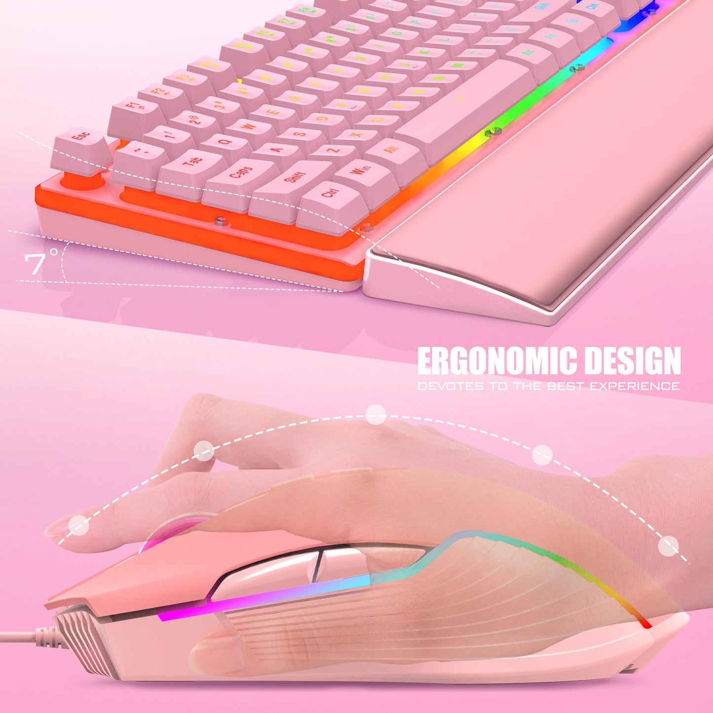 RedThunder K10 Wired Gaming Keyboard and Mouse and Wrist Rest Combo, RGB Backlit, Mechanical Feel Anti-ghosting Keyboard + 7D 7200 DPI Mice+Soft Leather Wrist Rest 3 in 1 PC Gamer Accessories(Pink)