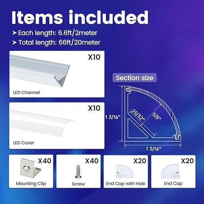 Muzata 10Pack 6.6FT/2M Plus-Size Spotless V Shape LED Channel Silver Aluminum LED Diffuser Channel with Milky White Cover V101 WW 2M