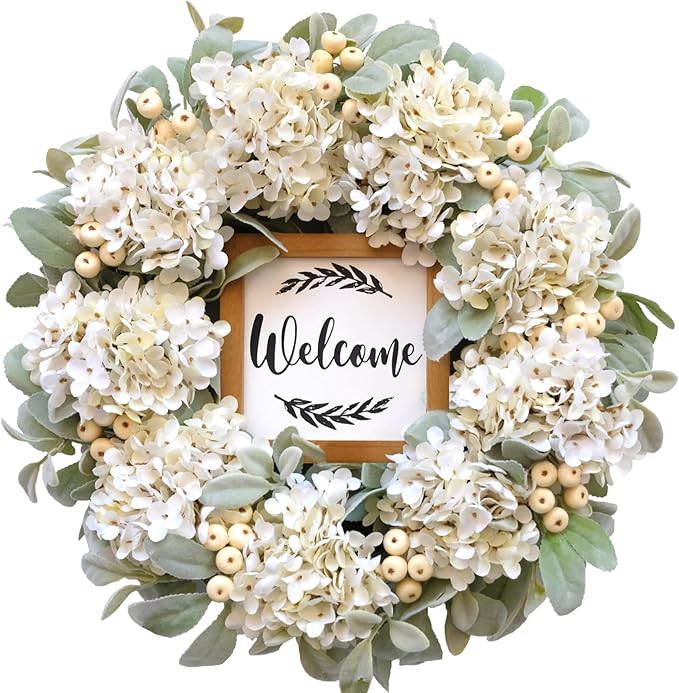 Year Round Wreaths for Front Door 22 Inch, Spring/Summer Wreath with Hydrangeas Lamb's Leaves Berries Welcome Board for Holiday Farmhouse Home Indoor Outdoor Wedding Party Wall Window Decor
