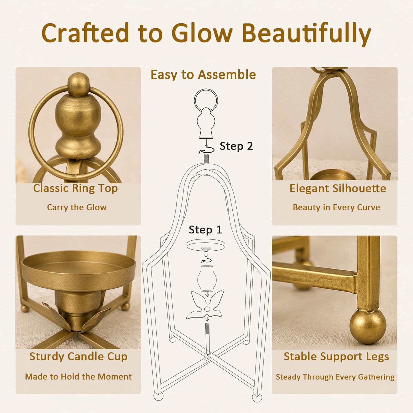 12.5" & 16.5" Timeless Cozy Decorative Lanterns Set of 2, Handcrafted Metal Iron Candle Holders, Farmhouse Elegance Fireplace Mantel Table Festive Gatherings Decor (Antique Gold)
