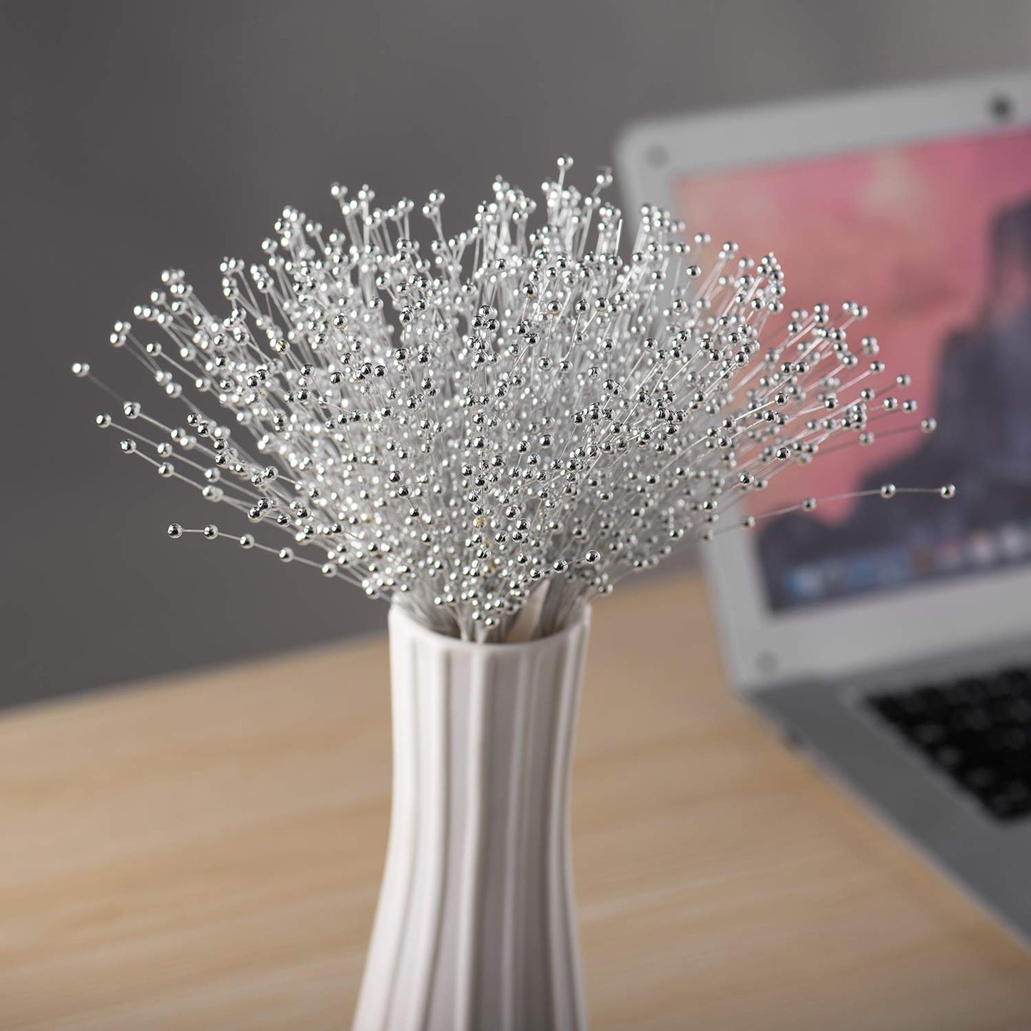 60 Pieces Pearl Stick Stems Bouquets, 4mm Bead String Garland Beaded Spray Filler Floral Arrangements Tree Picks Wedding Party Decoration, Mother's Day Flower Decor, Christmas Tree Picks (Silver)
