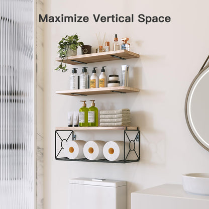 Amada Bathroom Shelves Over Toilet with Storage Basket, Floating Wall Shelves for Home Organization & Wall Decor, Bathroom/Kitchen/Living Room ShelvesBlack