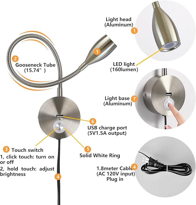 Dimmable Reading Light Plug in Wall Mounted Bedside Headboard Reading Light Task Directional Gooseneck LED Light 3W Output (Brushed Nickel, 120V Plug in, Warm White)
