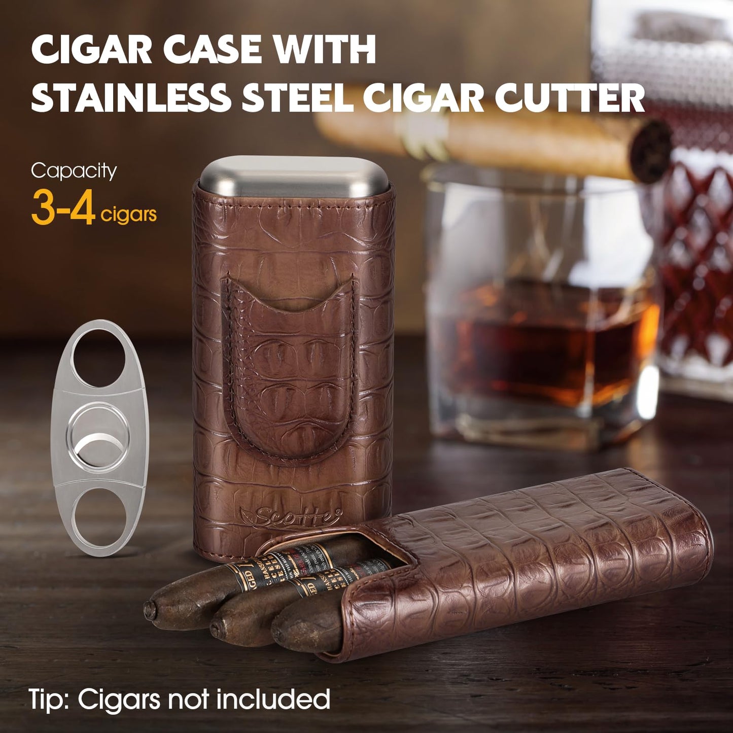 Scotte Cigar Case Leather Cigar Travel Case Cedar Wood Lined Portable Cigar Humidor Box with Cigar Cutter Elegant Cigar Box Great Cigar Accessories for Men