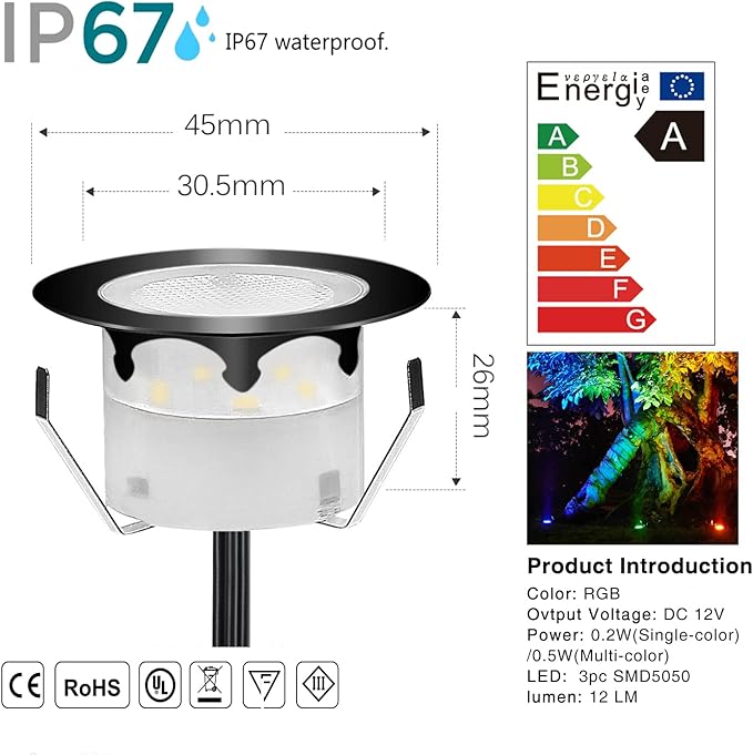Low Voltage LED Deck Lighting Kit Stainless Steel 0.2W~0.5W Waterproof Outdoor Yard Garden Decoration Lamps Landscape Pathway Patio Step Stairs RGB LED In-ground Lights (Black Border,30pack)