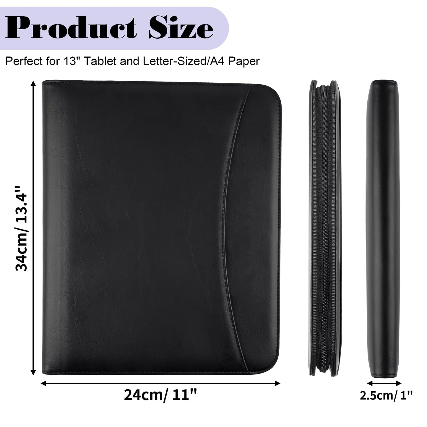 Leather Padfolio Portfolio Binder Organizer, with 25 Pages Notepad & 13" Tablet Sleeve, Professional Conference Meeting Business Zipper Folder for Letter Size A4 Legal Writing Pad Document Men Women
