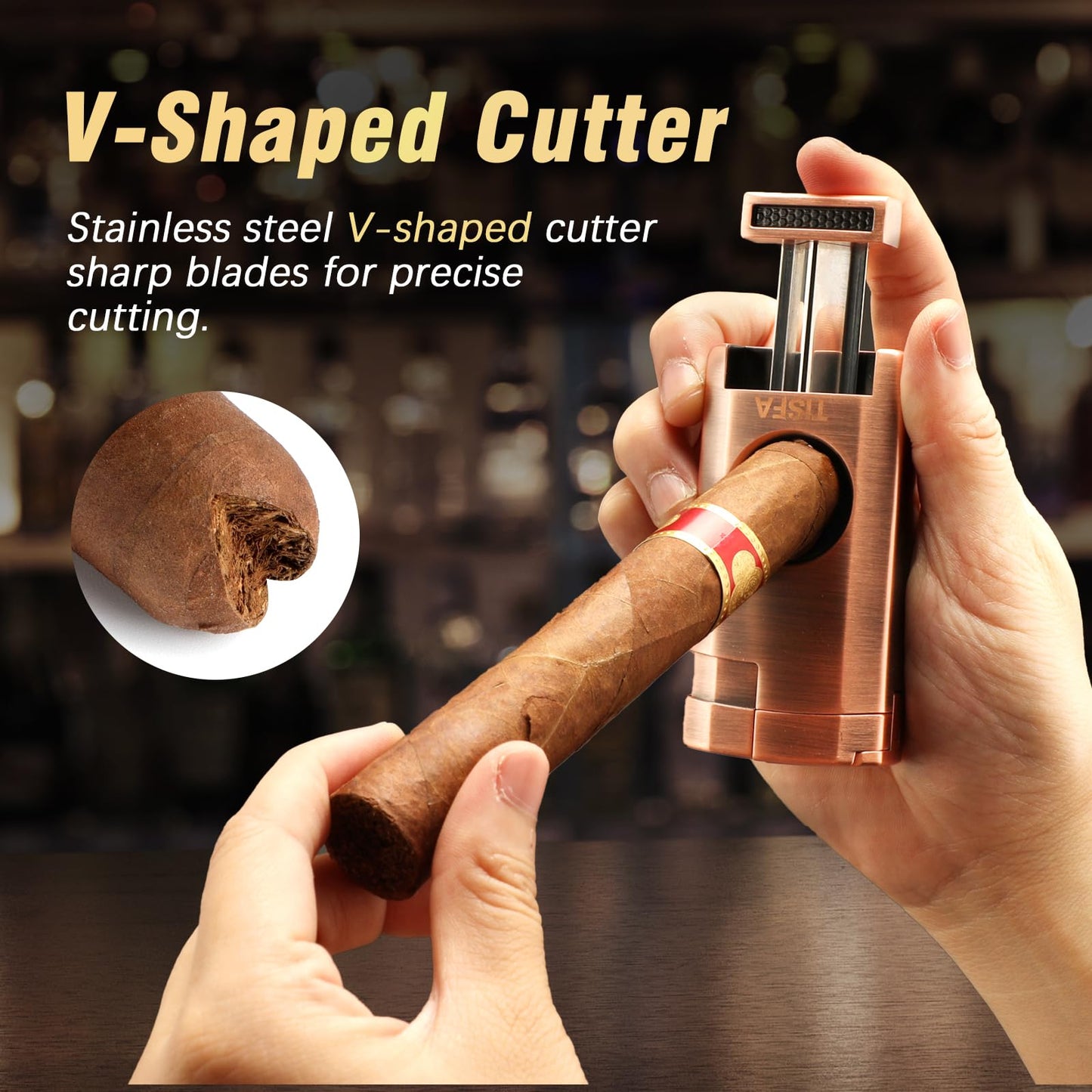 TISFA Cigar Humidor, Leather Cigar Case with Cigar Lighter, Cigar Cutter V Cut, Cigar Stand 3 in 1, Portable Travel Humidor with Humidifier, Cigar Gift Cedar Wood Cigar Box (Dark Brown)