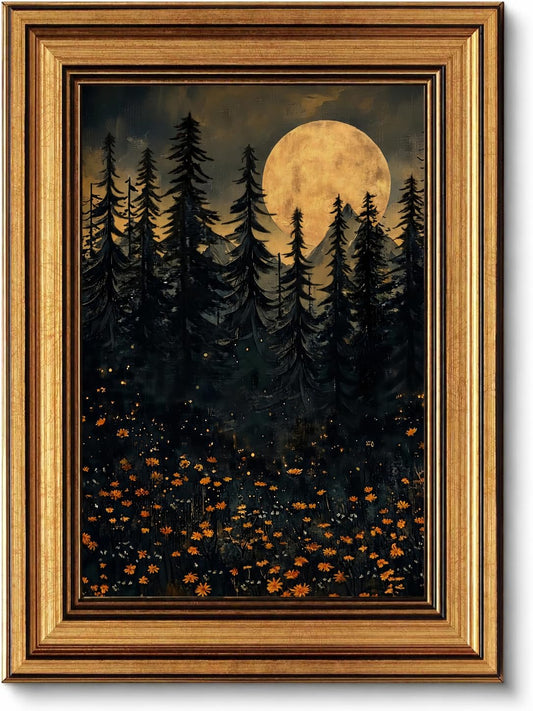 Vintage Gold Framed moody Moonlit Forest Wall Art Crescent Moon Forest Wildflower Gothic Picture Wall Decor Nature Pine Tree Woodland Poster Print Artwork for Livingroom Bedroom Offices Home Decoration