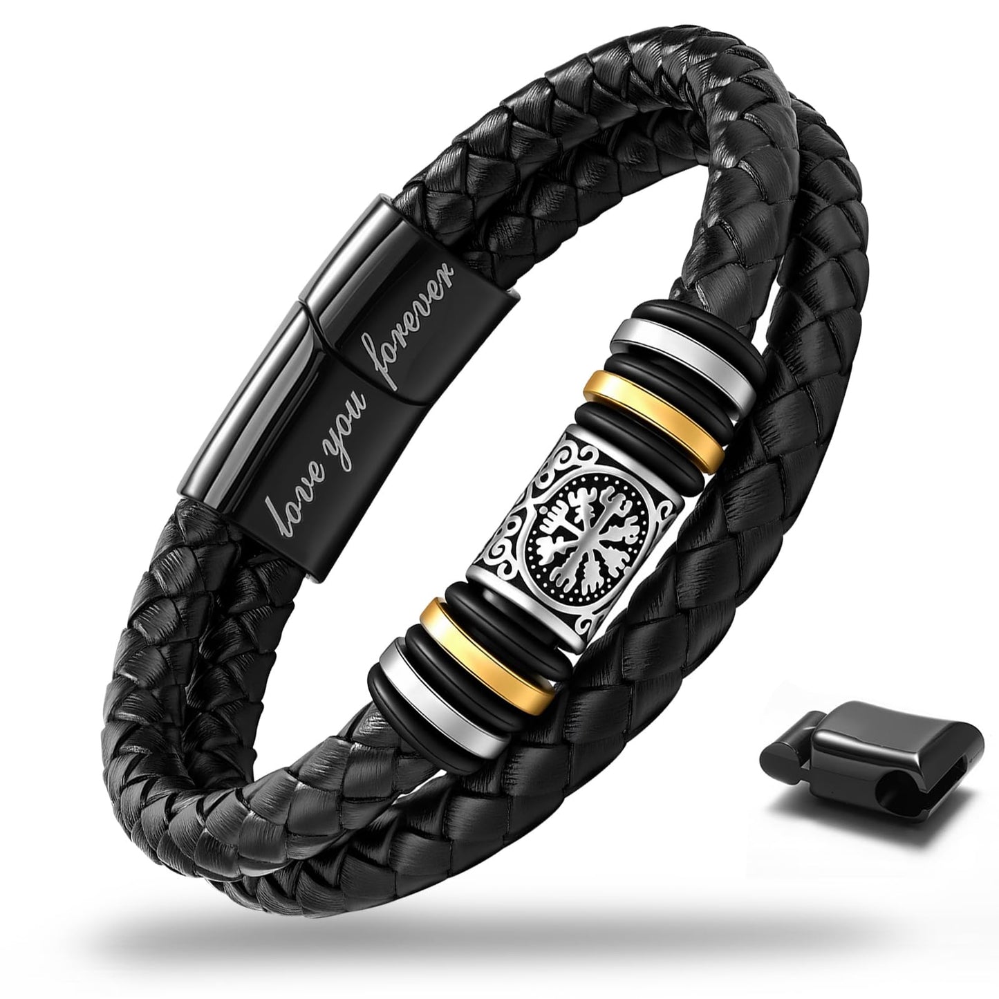 leejory Viking Bracelet for Men, Double-Row Braided Genuine Black Leather Cuff Wristband Norse Compass Symbol Vegvisir Bracelets, Nordic Jewelry Religious Pagan Amulet Gift for Mens Teen Grandson Son