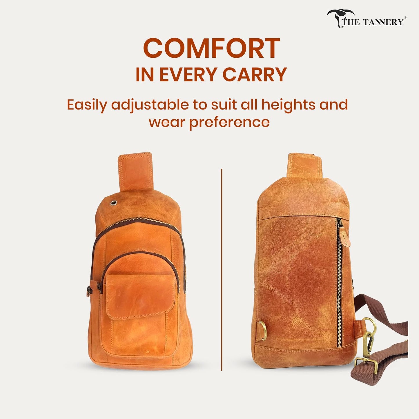 The Tannery Handmade Buffalo Leather Multipurpose Travel Hiking Crossbody Chest Backpack with Adjustable Shoulder Strap, Thanks Giving (Camel Brown, Small)