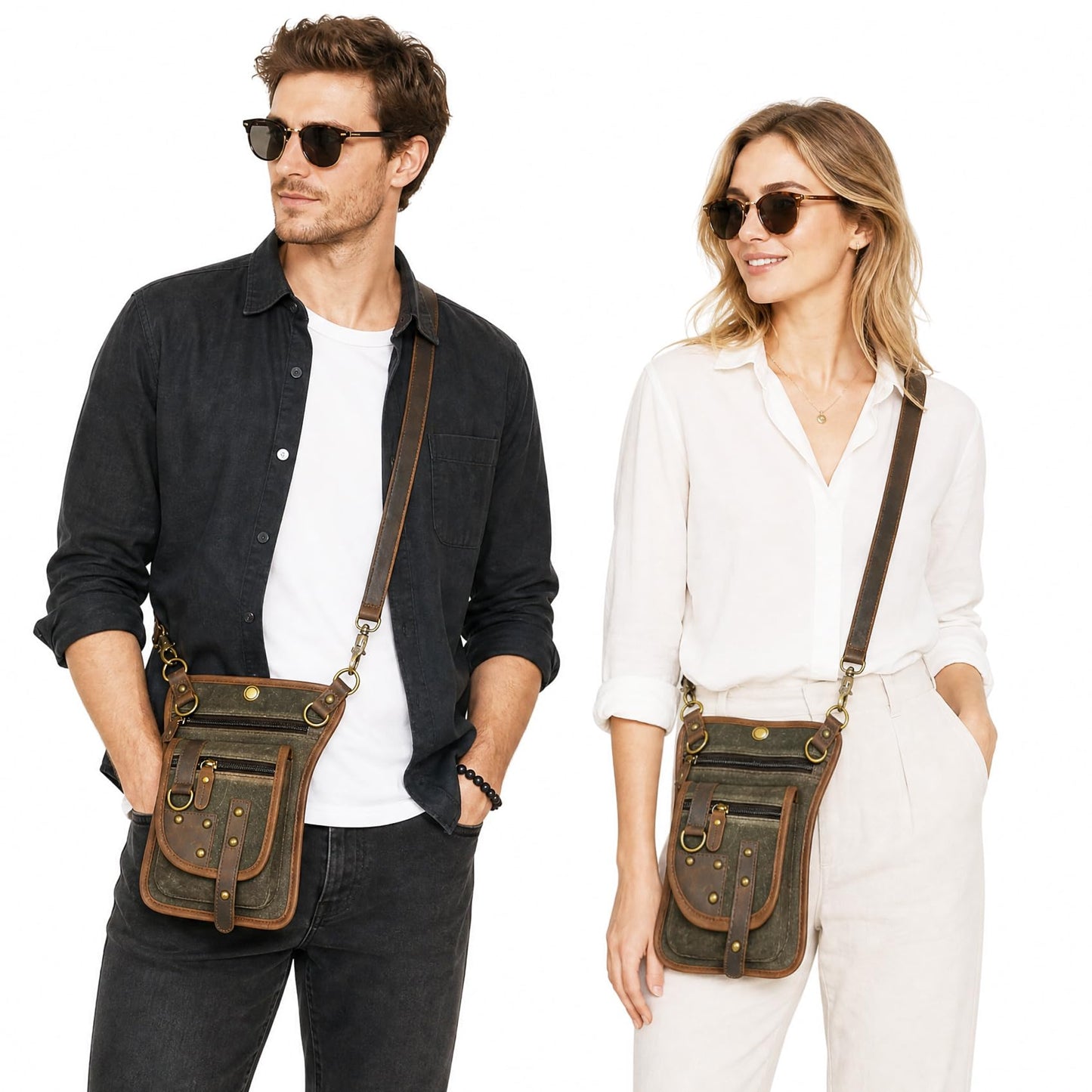 Handadsume Canvas + Leather Motorcycle Travel Fanny Waist Pack Drop Thigh Leg Bag Pouch For Men Women FB2141 (2141-The Army Green)