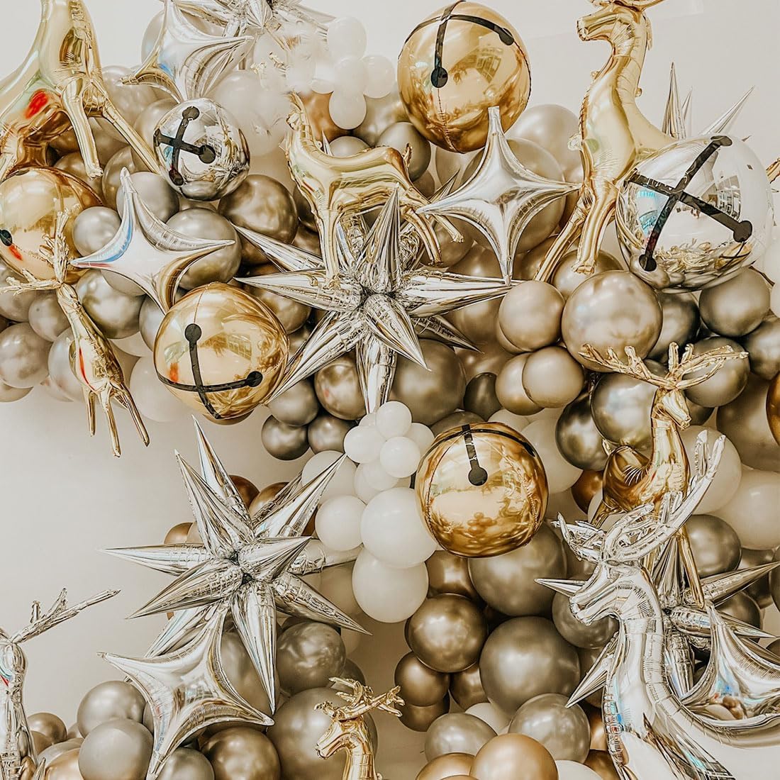 145Pcs Christmas Balloons Garland Arch Kit, Gold Sliver Balloons,Star, Bell for Christmas Party Decorations