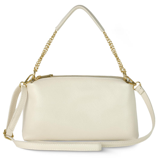 TAKEASY Italian Calf Leather Crossbody Handbag for Women with 2 Zippered Compartments | Everyday Shoulder Purse with Strap (Beige)