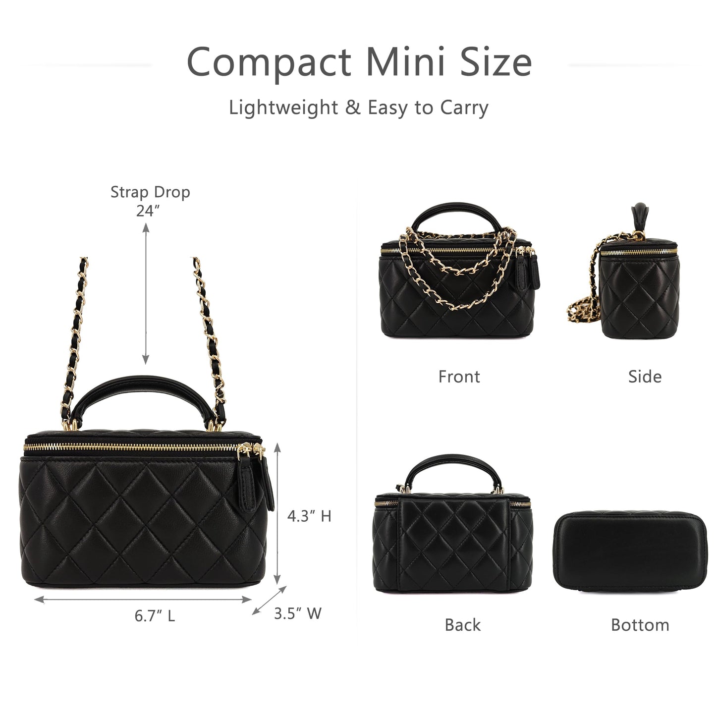 M-ioi-M Soft Lambskin Small Purse Genuine Leather Mini Crossbody Bag for Women with Gold Chain Strap, Quilted Top-Handle Shoulder Handbag, Classy Designer Dressy Evening Purse, Vanity Case Bag(Black)